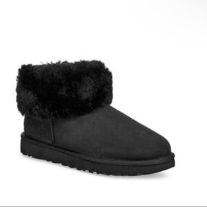 UGG Classic Mini Fluff Ankle Boots in Black Suede